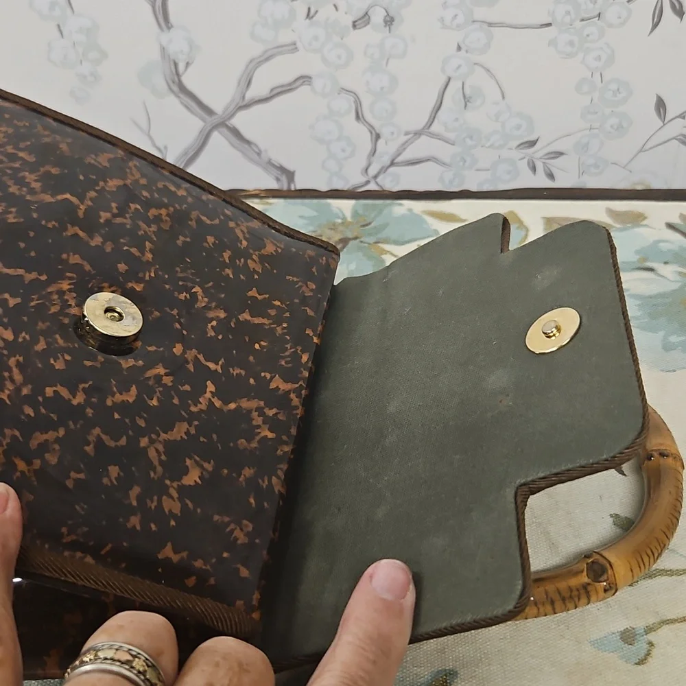 Chic Brown Patterned Satchel with Bamboo Handle - Picture 5 of 11